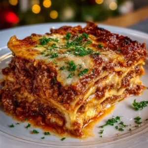 Quick and easy lasagna dish served on a festive table for holiday gatherings.