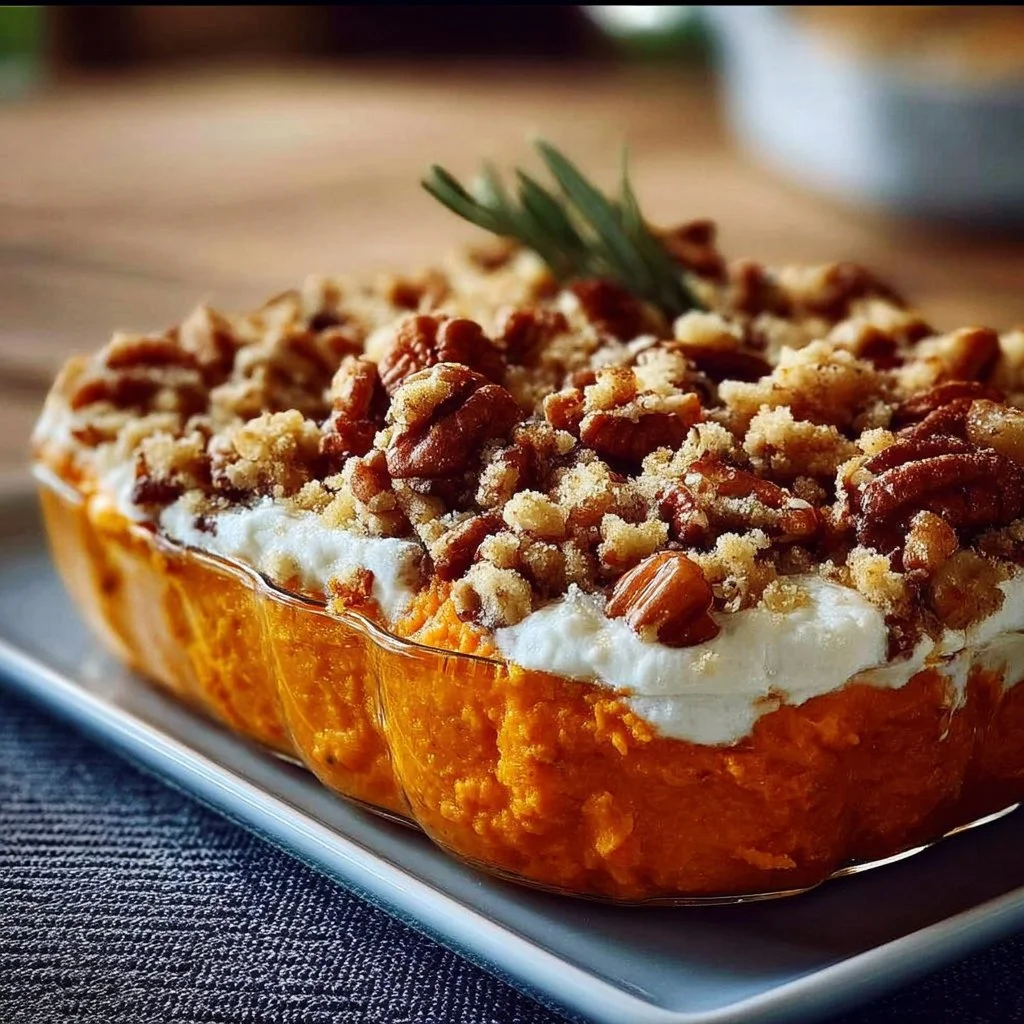 Delicious Southern Sweet Potato Casserole topped with marshmallows and pecans