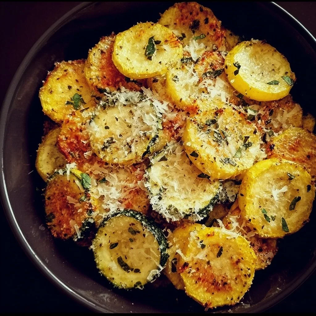 Delicious roasted summer squash topped with Parmesan cheese.