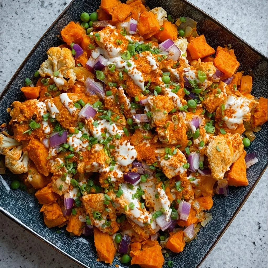 Sheet Pan Buffalo Chicken served with Sweet Potato Bowls