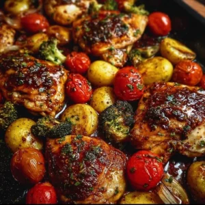Delicious sheet pan balsamic chicken with colorful roasted veggies