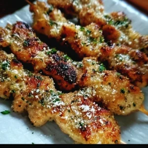 Sizzling air fryer garlic parmesan chicken skewers on a plate