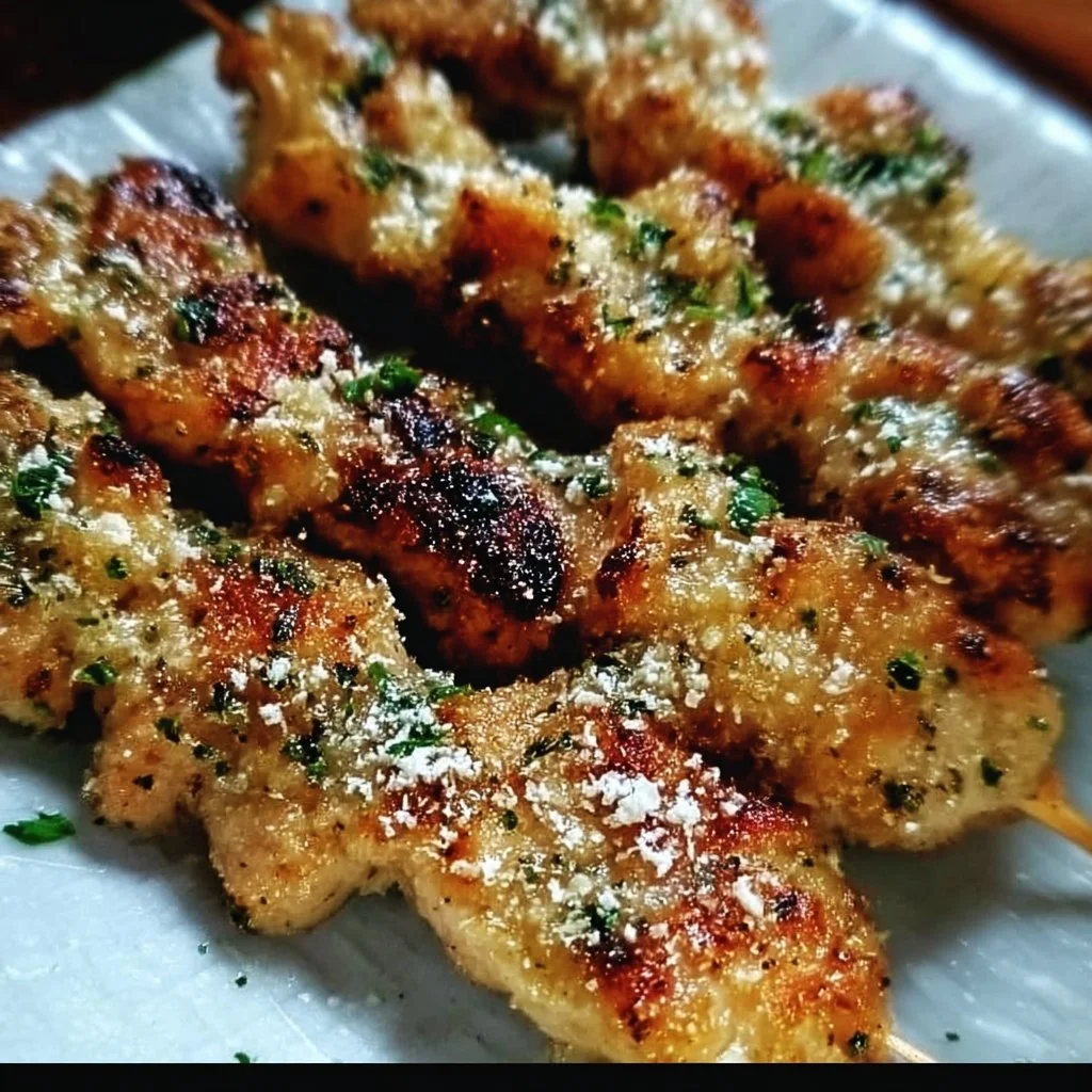 Sizzling air fryer garlic parmesan chicken skewers on a plate