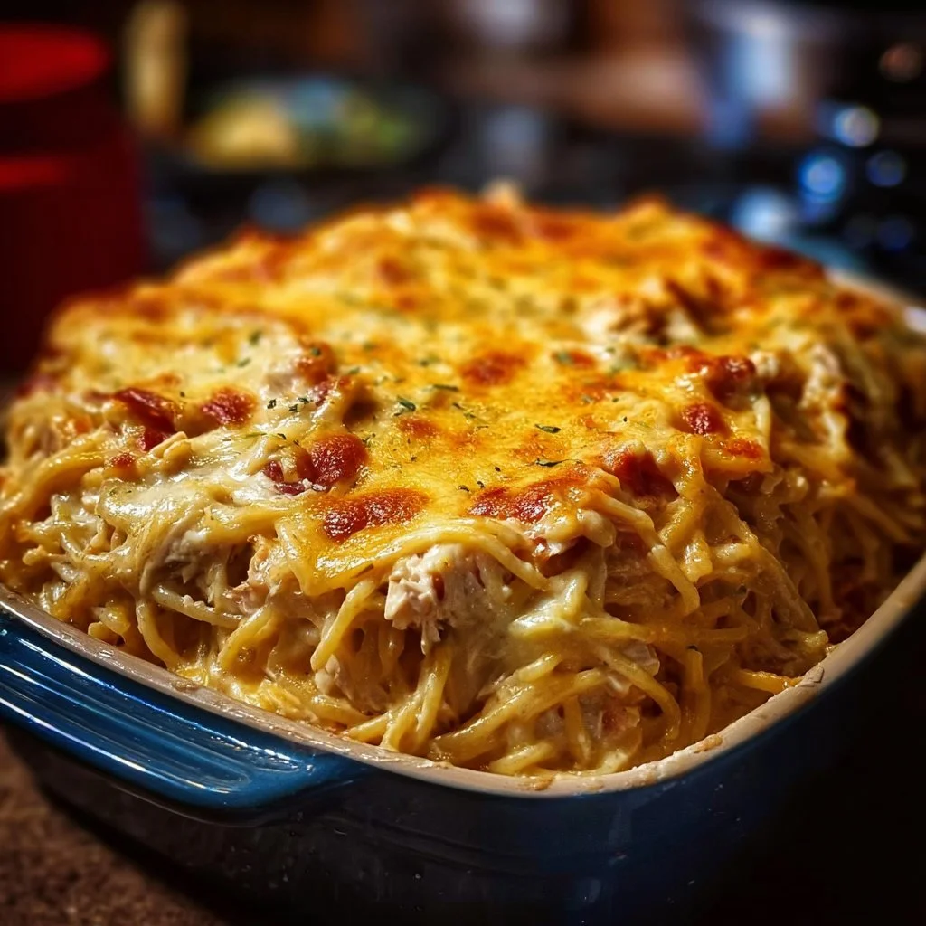 Delicious Southern-style chicken spaghetti casserole served in a dish.