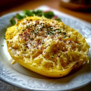 Creamy Spaghetti Squash Alfredo served in a bowl with fresh herbs on top.