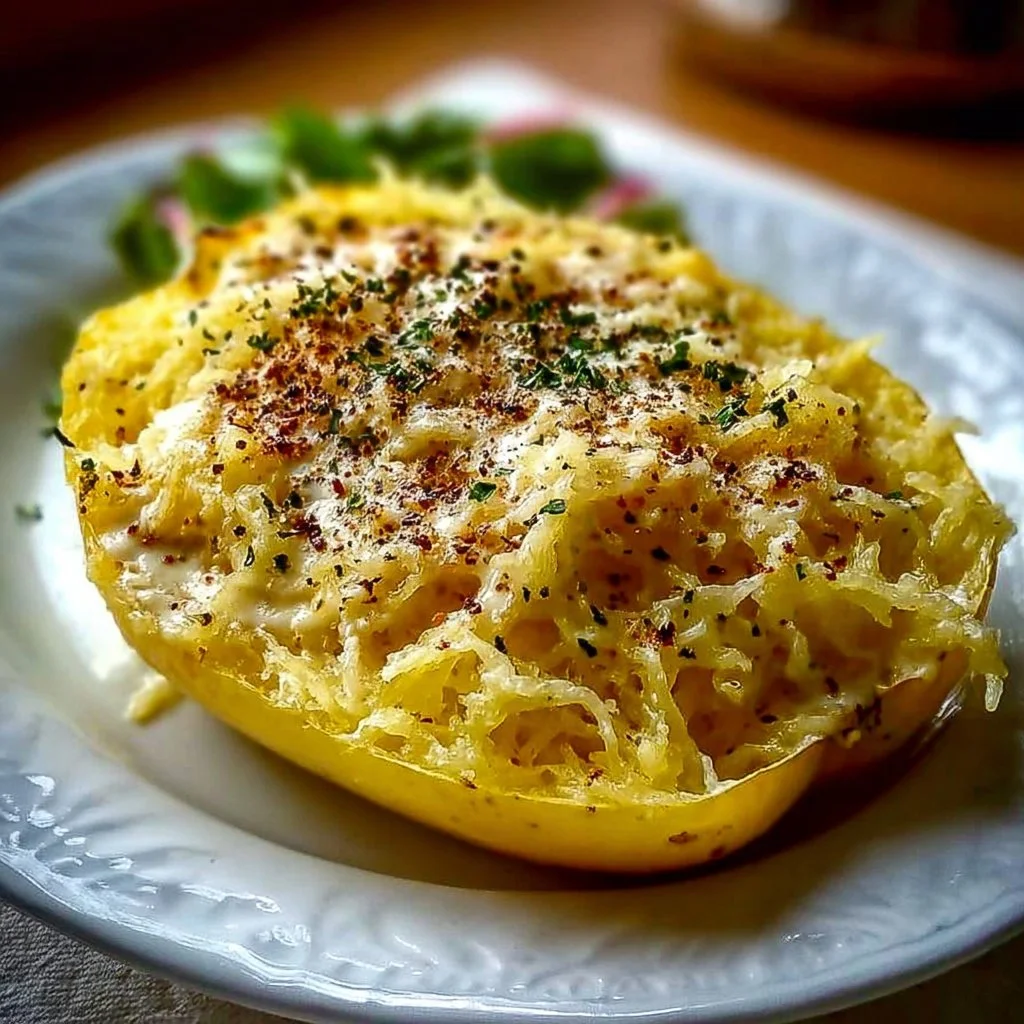 Creamy Spaghetti Squash Alfredo served in a bowl with fresh herbs on top.