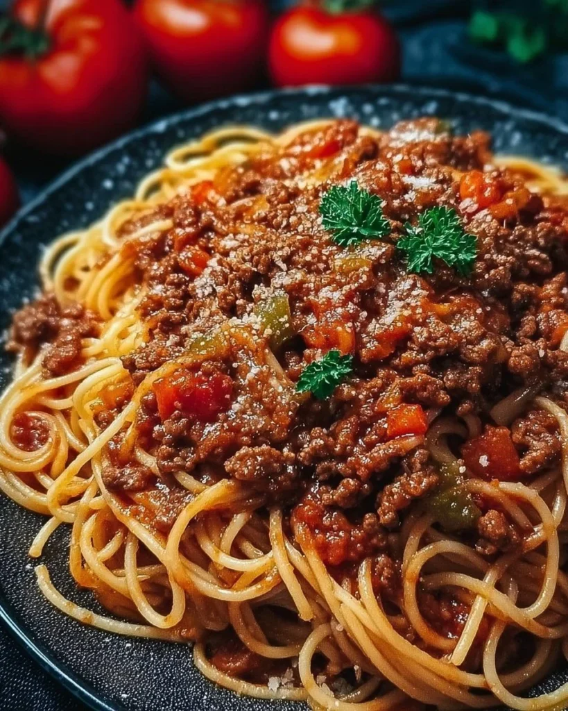A delicious plate of spaghetti topped with hearty meat sauce, garnished with herbs.