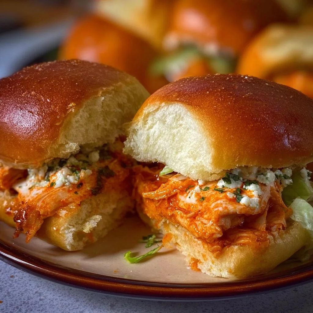 Delicious spicy Buffalo Chicken Sliders served on a plate.