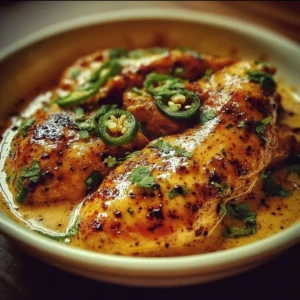 Delicious spicy jalapeno chicken dish garnished with fresh herbs.
