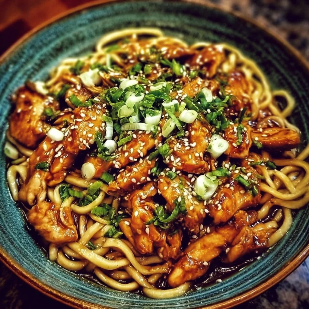 Delicious sticky garlic chicken noodles garnished with herbs and served in a bowl.