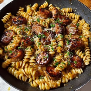 Sticky honey garlic sausage pasta skillet made with fresh ingredients.