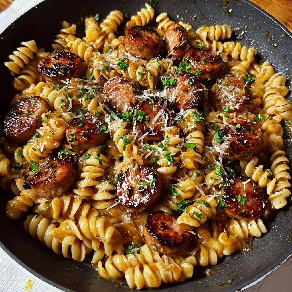 Sticky honey garlic sausage pasta skillet made with fresh ingredients.