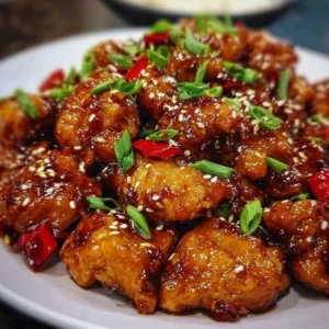 Sticky Sweet Chili Chicken served with garnishes on a plate
