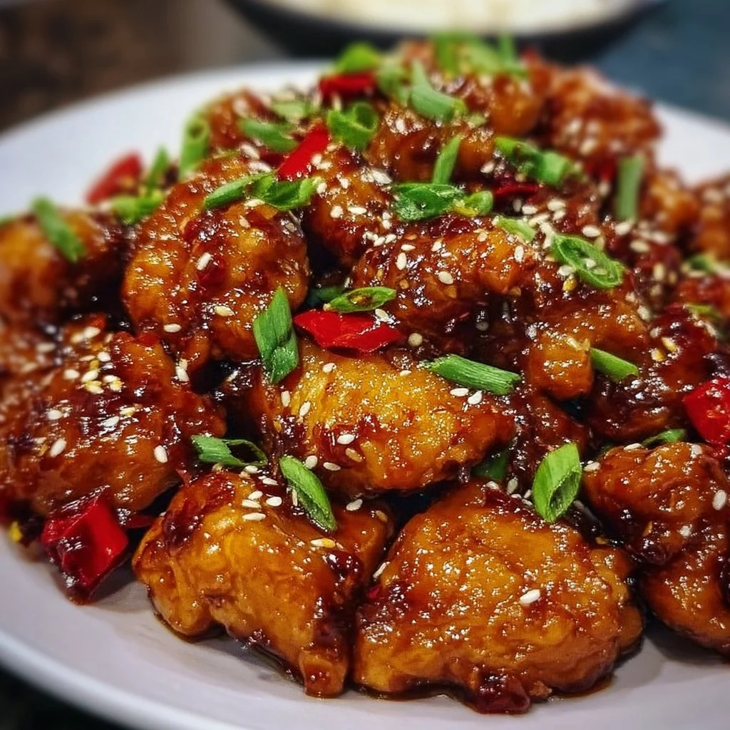 Sticky Sweet Chili Chicken served with garnishes on a plate