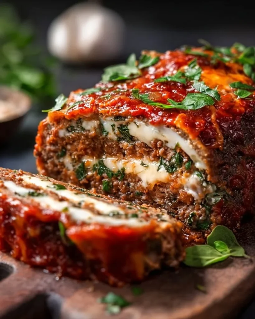 Delicious stuffed Italian meatloaf served with marinara sauce.