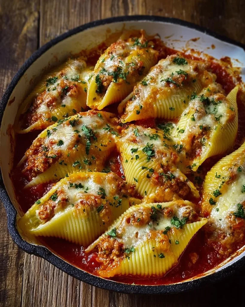 Delicious stuffed pasta shells filled with cheese and herbs in a rich tomato sauce.
