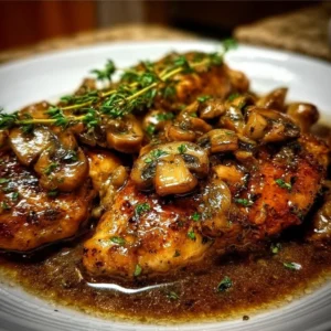 Plate of succulent Italian Chicken Marsala with mushrooms in rich sauce