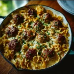 Baked Swedish meatballs with noodles and creamy sauce in a casserole dish