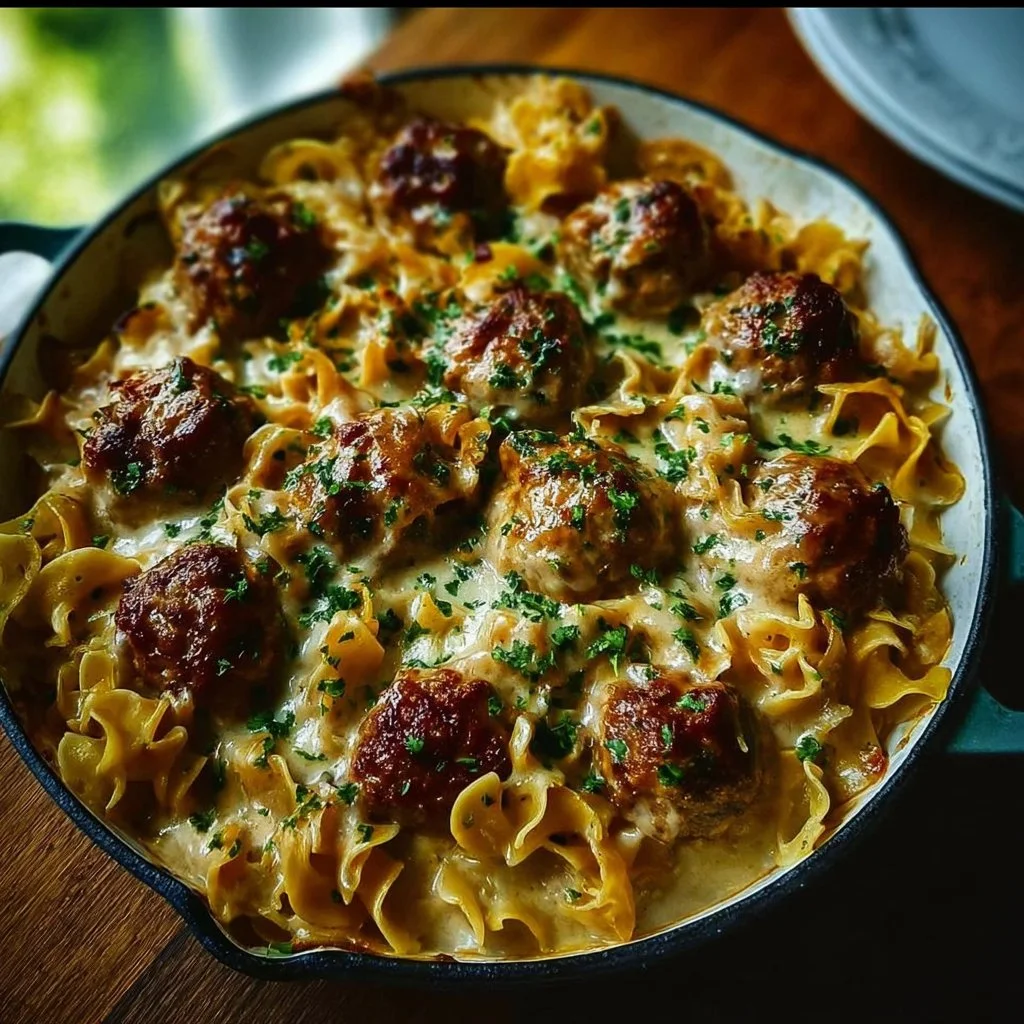Baked Swedish meatballs with noodles and creamy sauce in a casserole dish