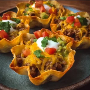 Delicious taco cups filled with toppings ready to serve as a delightful appetizer.