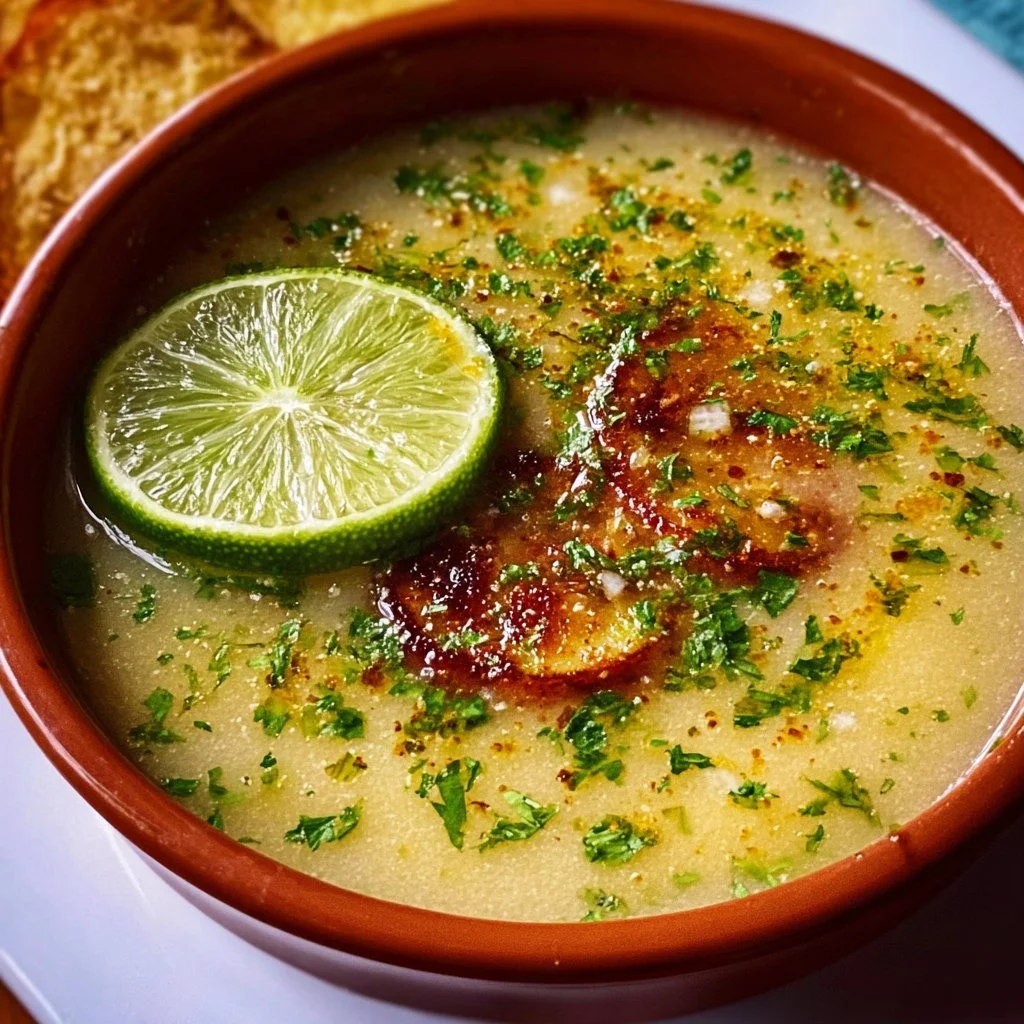 Bowl of delicious Mexican garlic soup garnished with herbs and spices