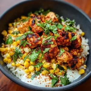 Delicious street corn chicken bowl topped with crumbled cheese and herbs