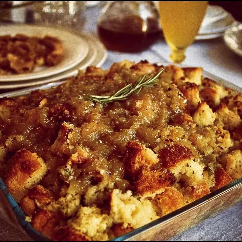 Delicious Thanksgiving dressing served alongside turkey and autumn decorations.
