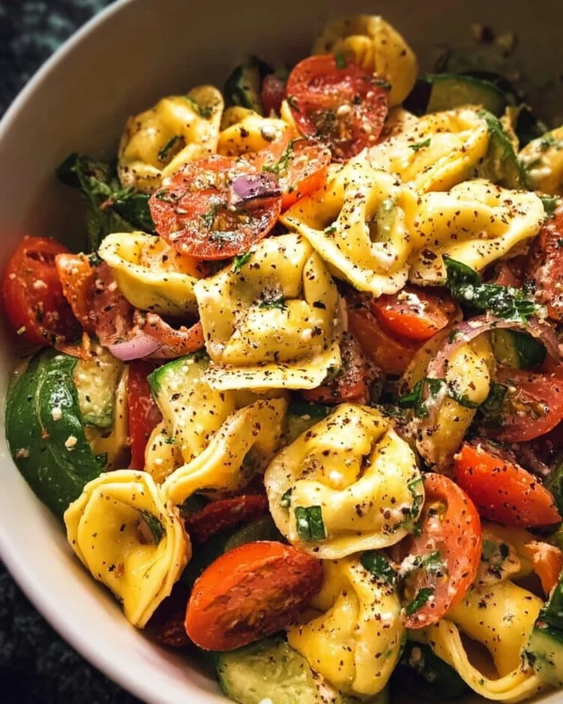 Colorful tortellini salad with fresh vegetables and dressing