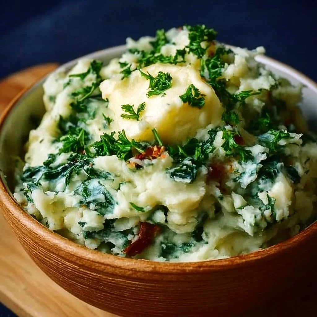 Plate of traditional Irish Colcannon with mashed potatoes and cabbage.