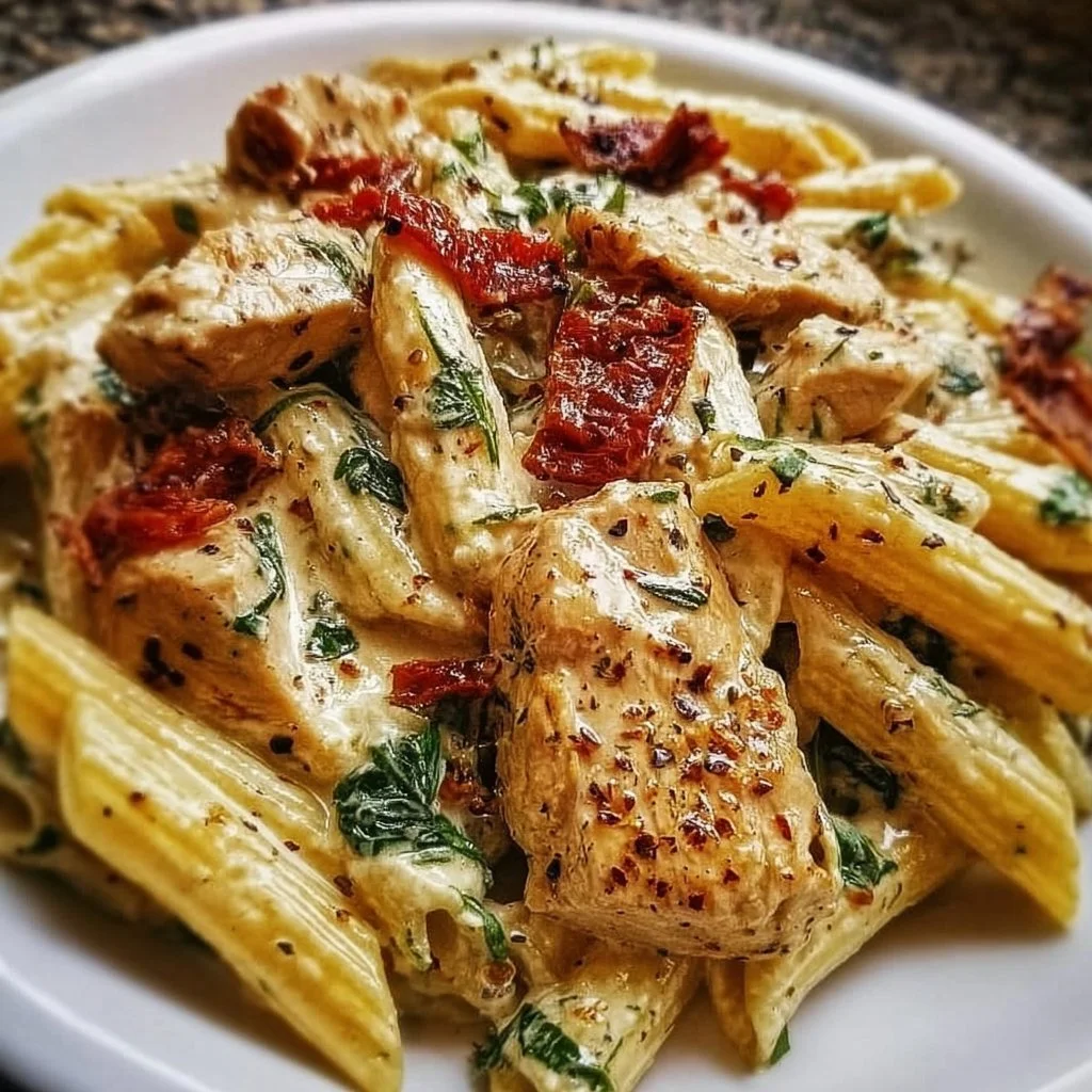 Delicious Tuscan Chicken Pasta with creamy sauce and sun-dried tomatoes