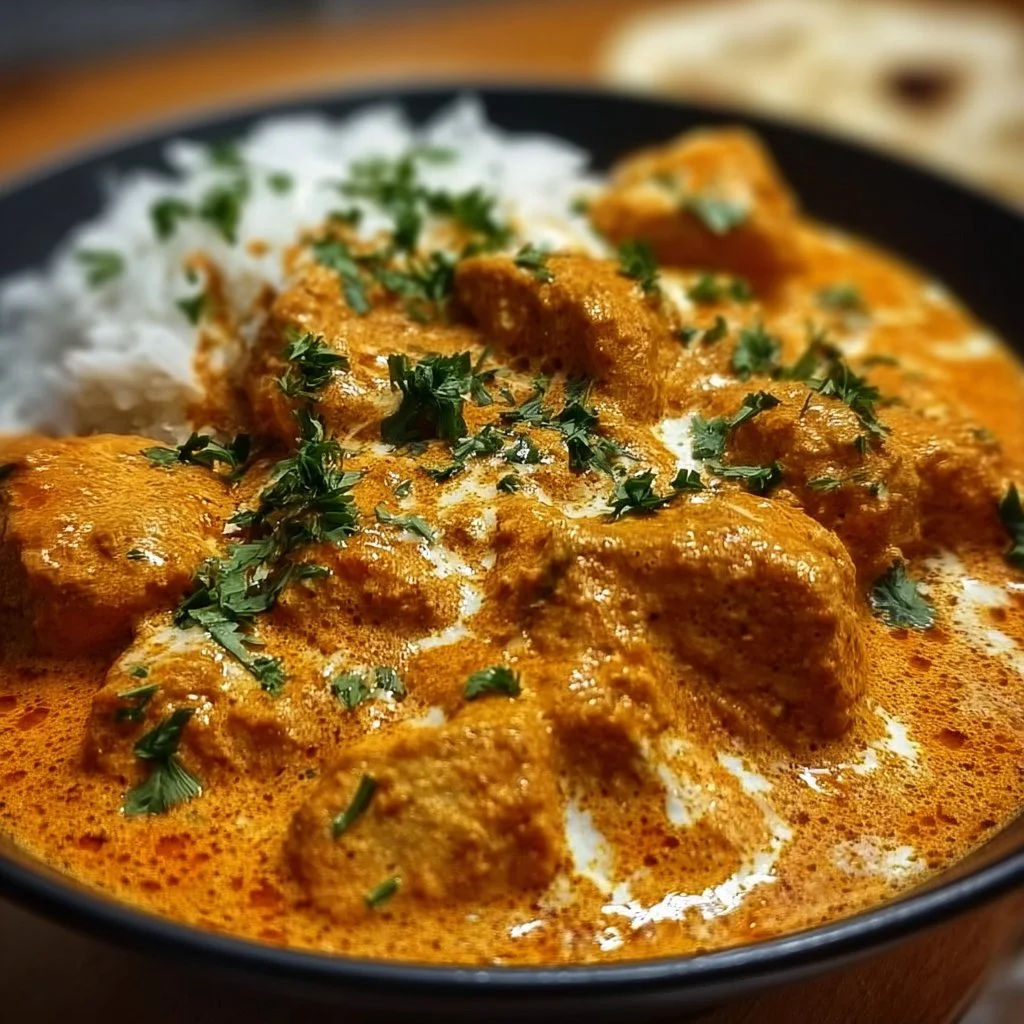 Delicious plate of ultimate authentic butter chicken with rich sauce and spices