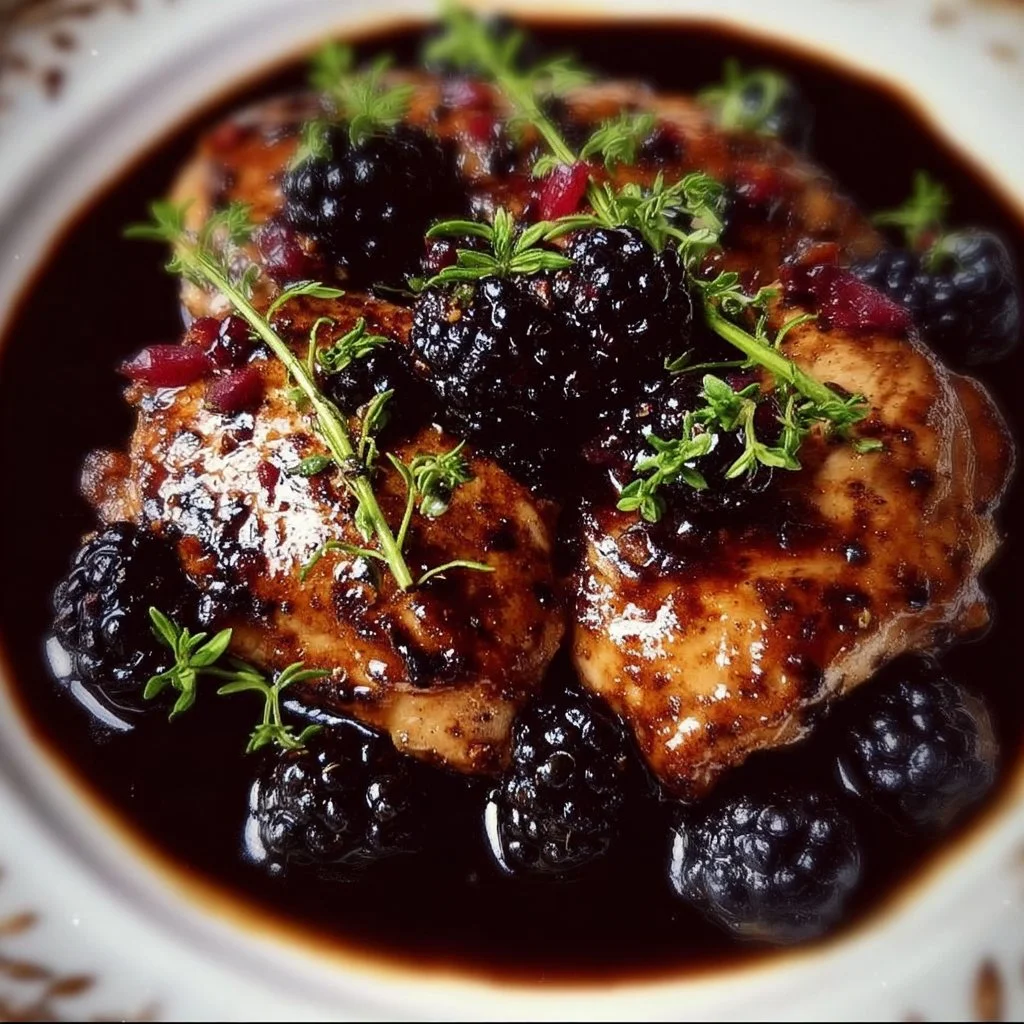 Delicious plate of Blackberry Balsamic Chicken garnished with fresh blackberries