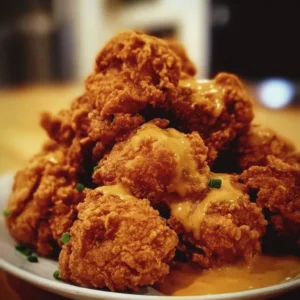 Golden crispy fried chicken on a plate with herbs and spices