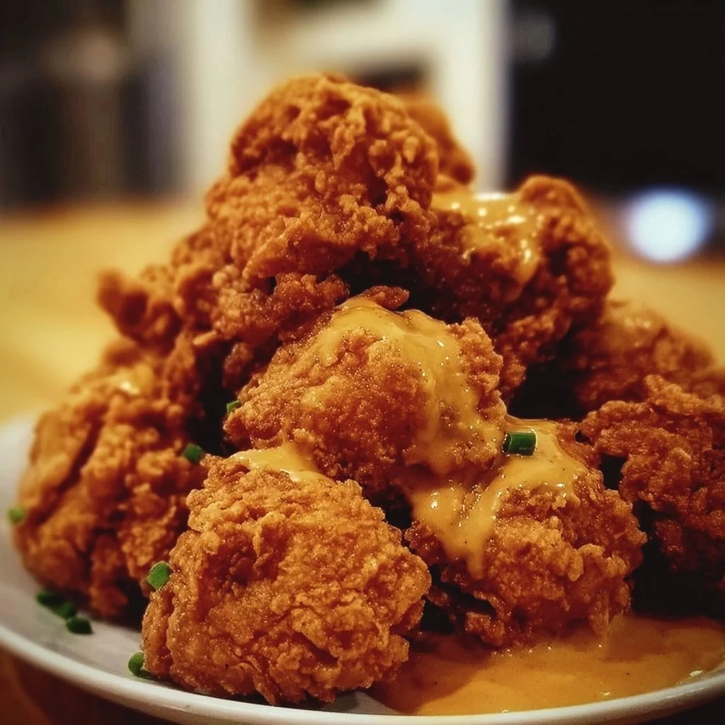 Golden crispy fried chicken on a plate with herbs and spices