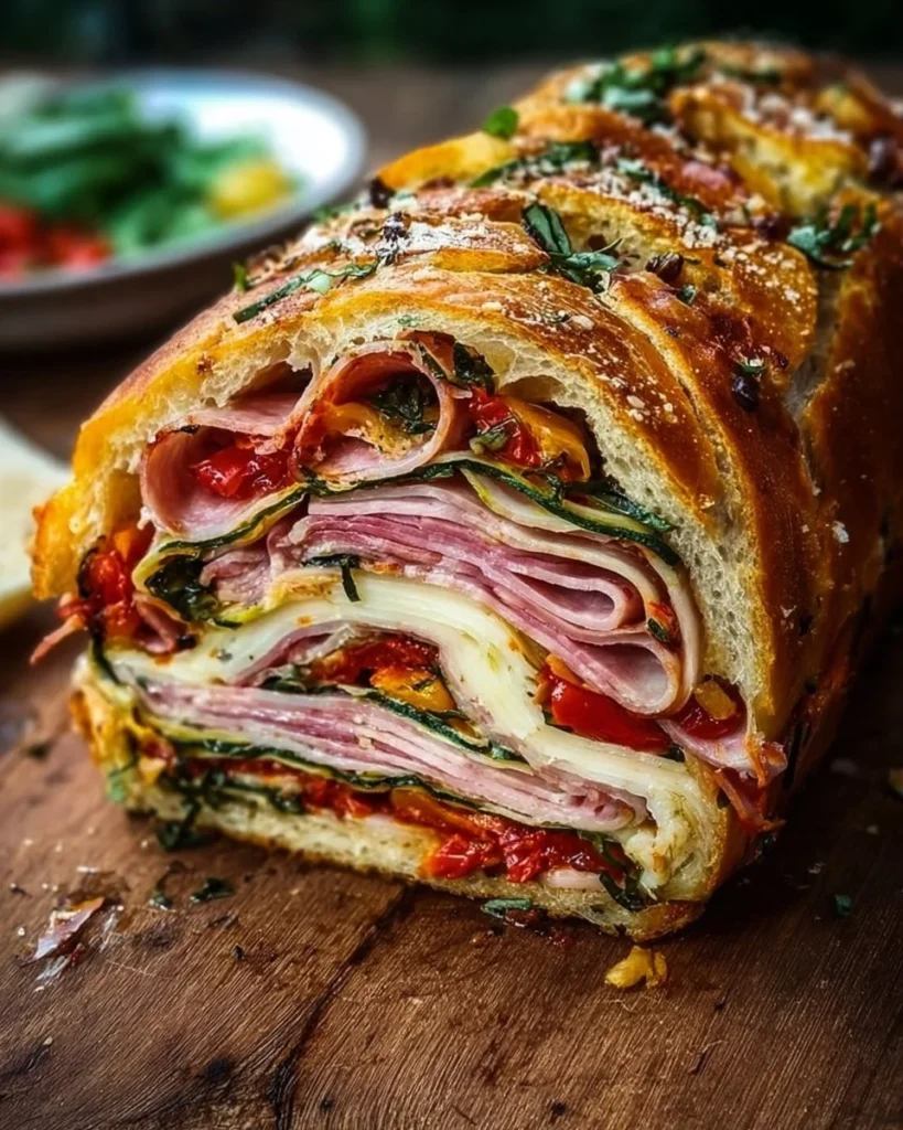 Pressed Italian picnic sandwich loaf with fresh ingredients and herbs