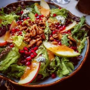 Winter Christmas Salad topped with Honey Mustard Dressing, festive and healthy.