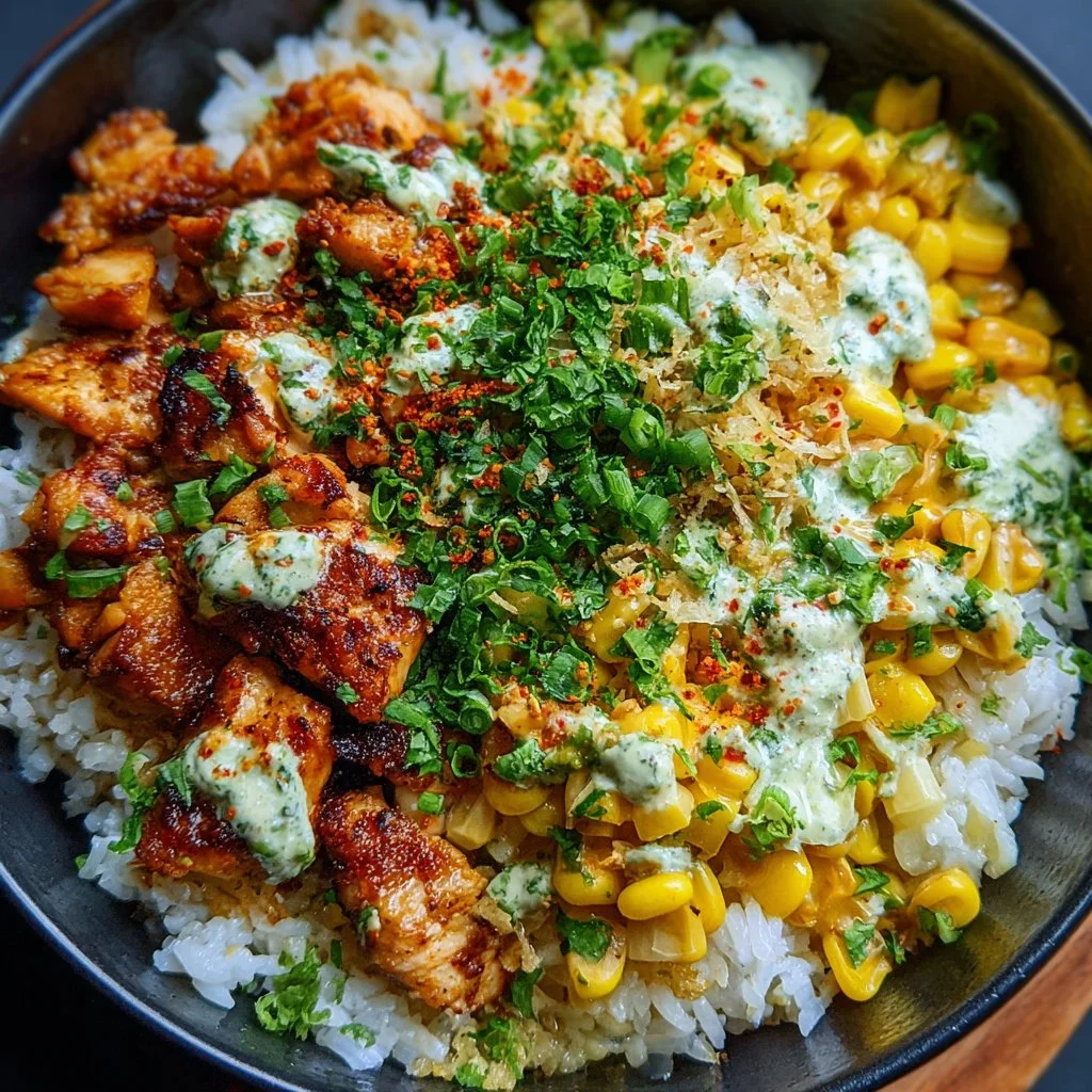 Colorful street corn chicken rice bowl topped with fresh ingredients