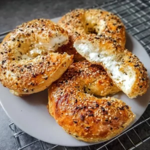 Air Fryer Protein Bagels stacked on a plate with toppings