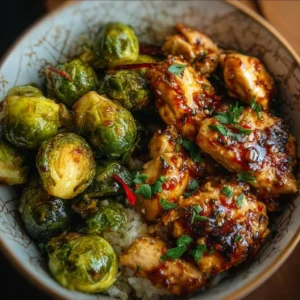 Delicious Air Fryer Sweet Chili Chicken served with Brussels sprouts