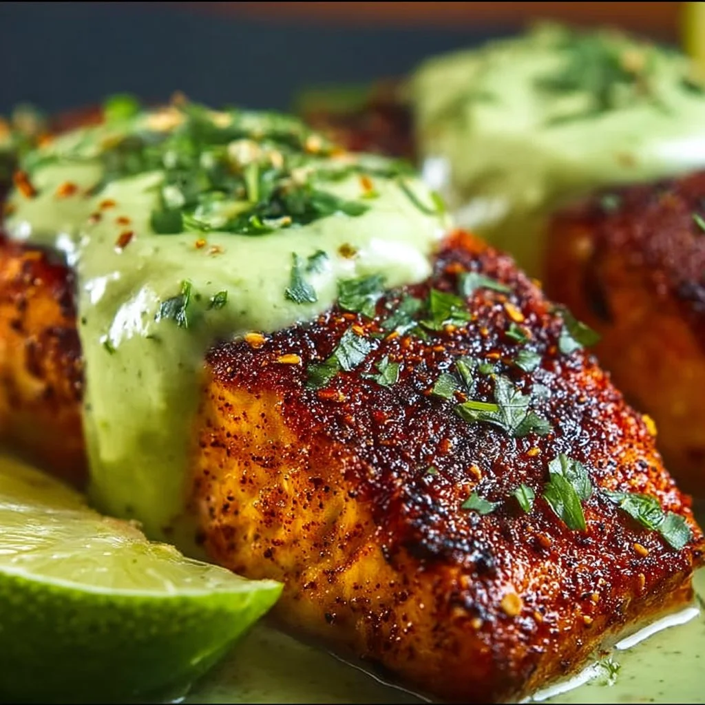 Baked Cajun Salmon with Avocado Lime Sauce