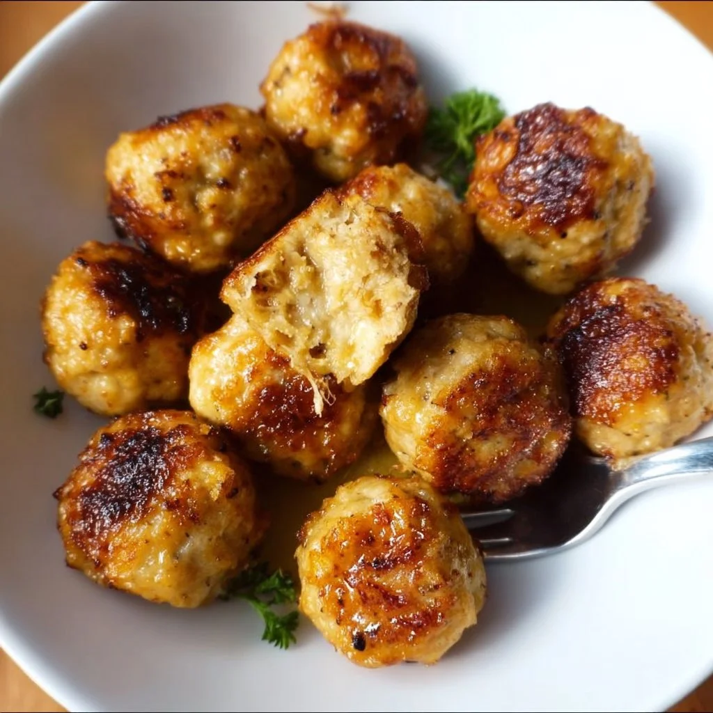 Delicious baked chicken meatballs served on a plate with herbs.