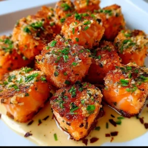 Delicious Bang Bang Salmon Bites served with a spicy dipping sauce