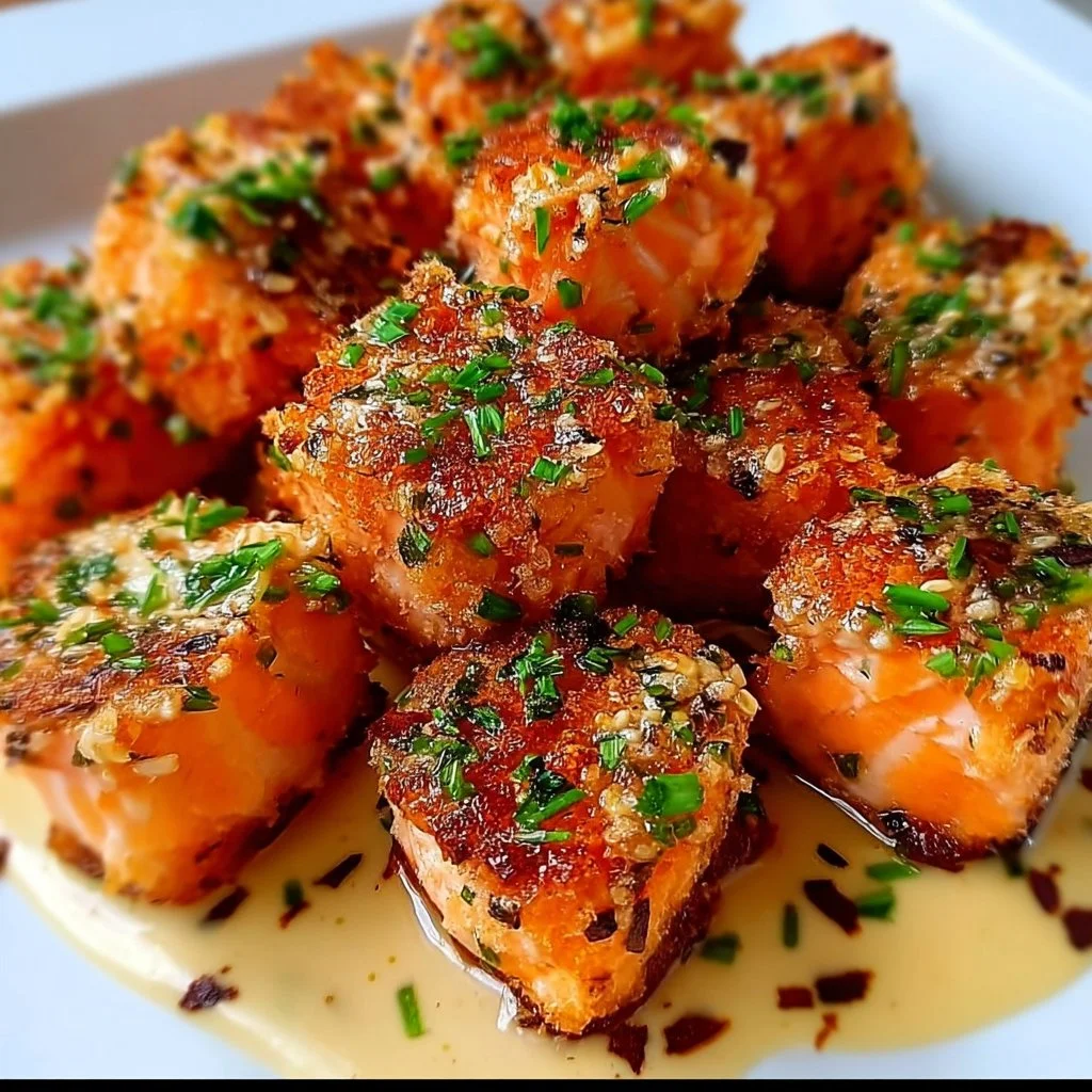 Delicious Bang Bang Salmon Bites served with a spicy dipping sauce