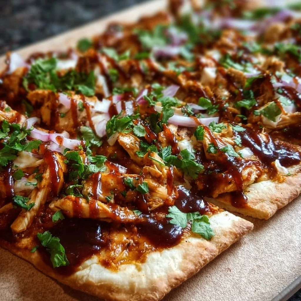 BBQ chicken flatbread topped with fresh vegetables and drizzled with sauce