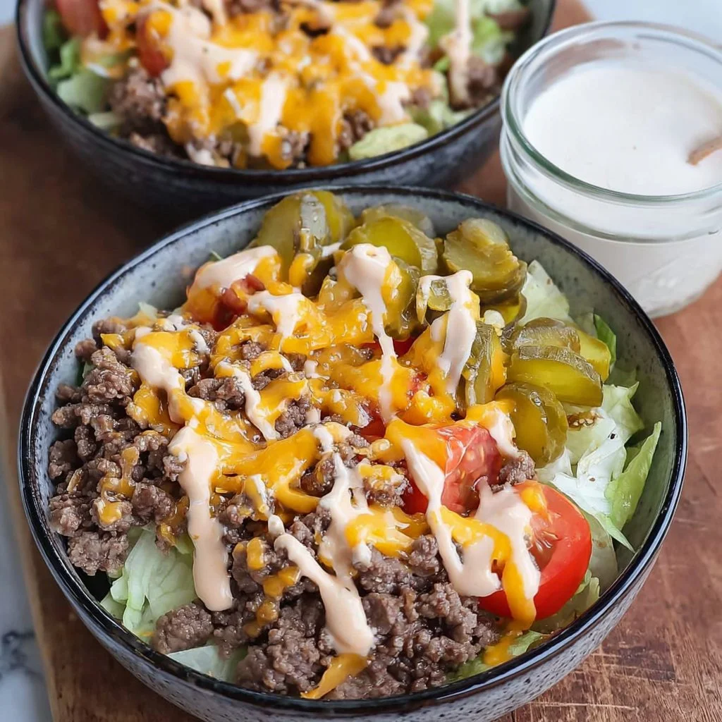 Keto Big Mac Bowl with lettuce, beef, cheese, and special sauce