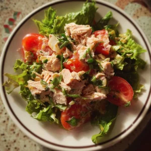 Delicious classic canned salmon salad served in a bowl with fresh ingredients.