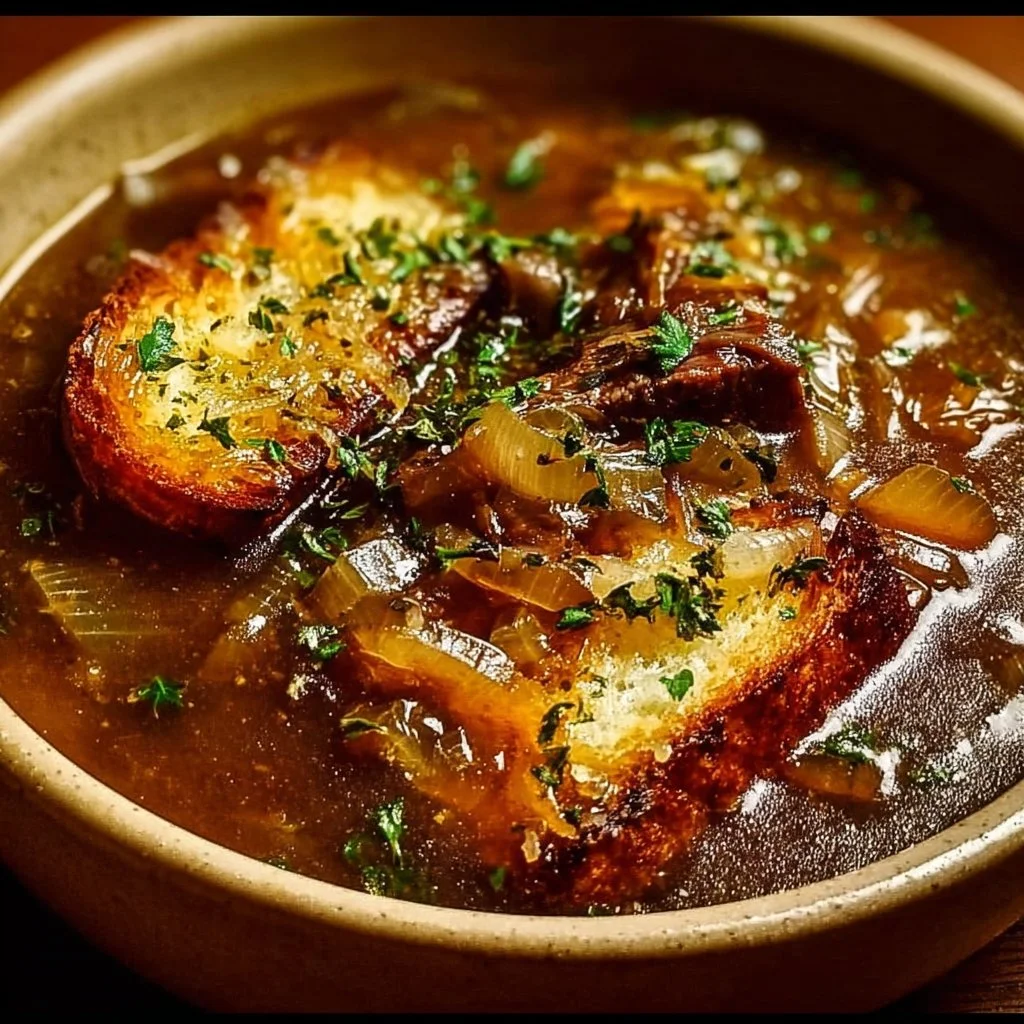 Bowl of Caramelized Onion Short Rib Soup garnished with herbs