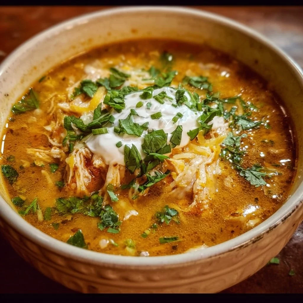 Delicious bowl of Chicken Enchilada Soup garnished with cheese and cilantro
