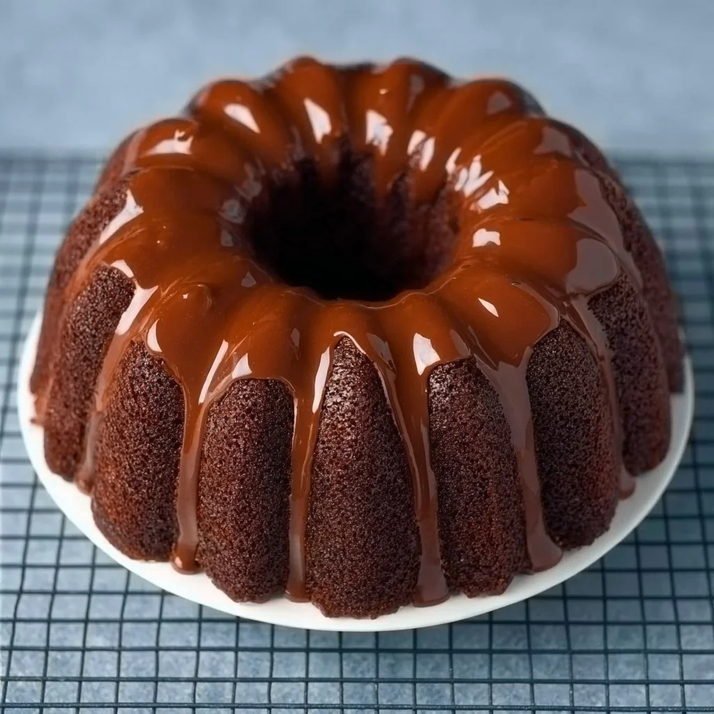 Gluten-free Chocolate Bundt Cake garnished with chocolate glaze