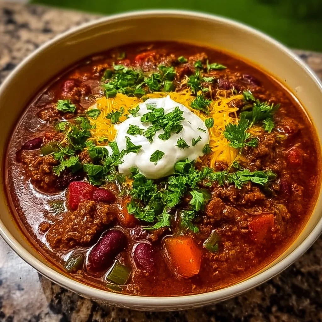 A hearty bowl of high protein chili topped with fresh herbs and served in a cozy setting.